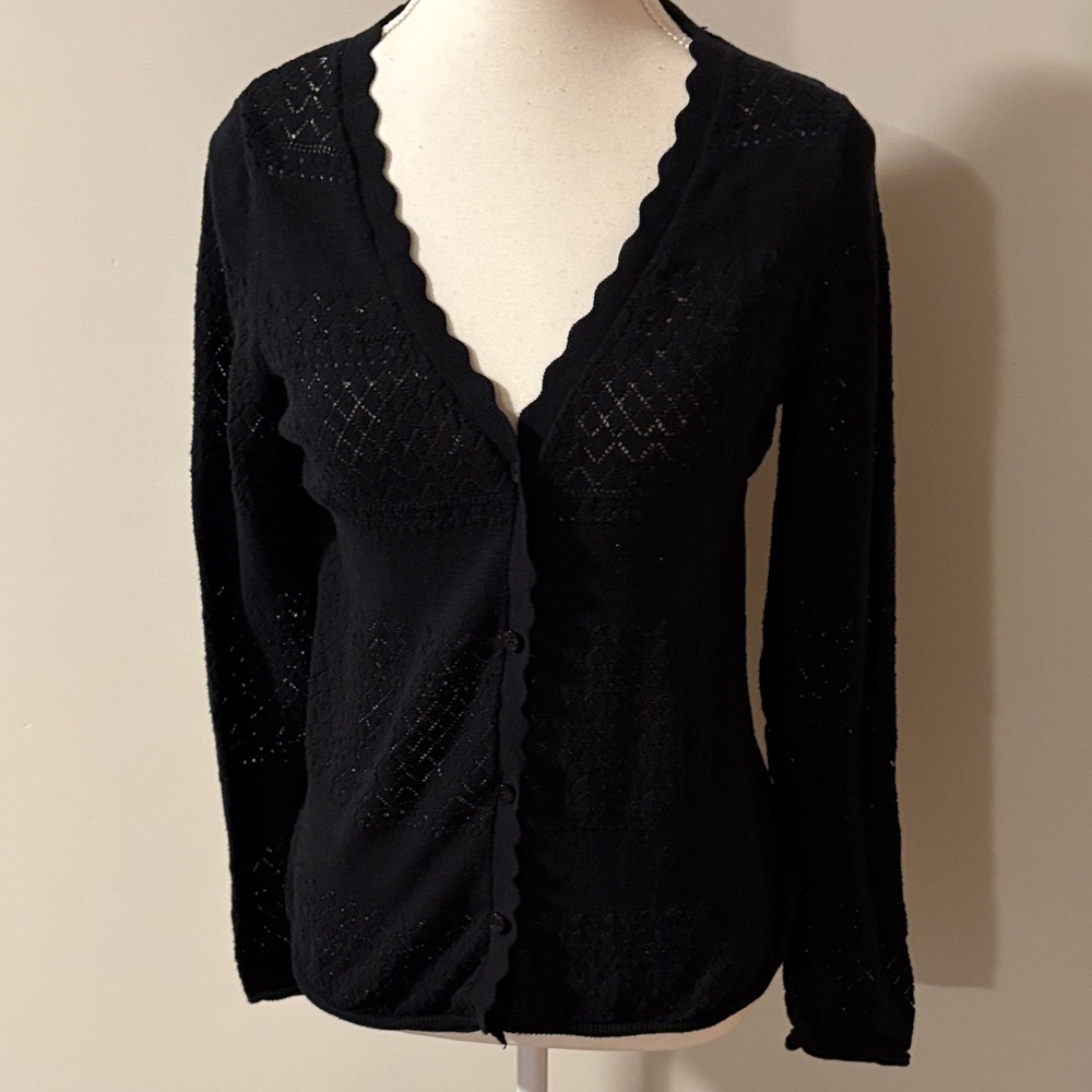 Black V-Neck Scallop Button Cardigan Sweater